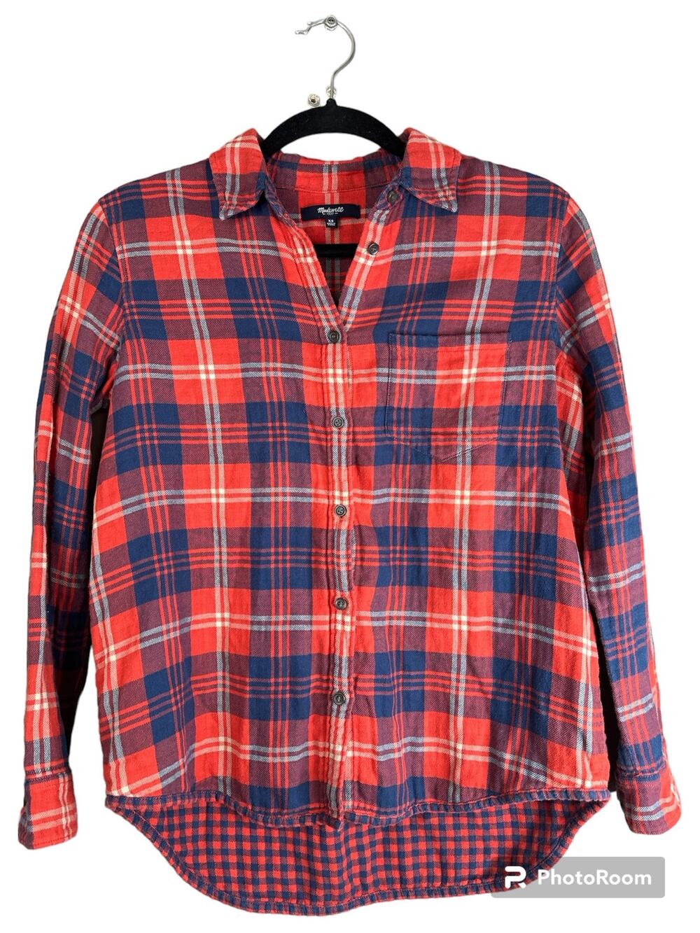 Madewell Orange Red Blue Long Sleeve Button Down Plaid Pattern Flannel Size XS